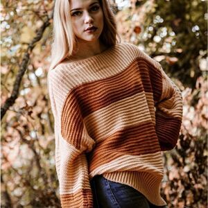 Oversized Creme & Chocolate  Striped Sweater Top Size M 6-8